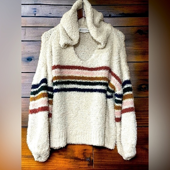 Love Riche Sweaters - LOVE RICHE Varsity Striped Oversized Chunky Hooded Ballon Sleeve Cream Sweater